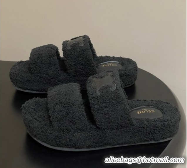 Most Popular Celine Triomphe Flat Slides Sandal in Sponge Fabric Black 2025 CE082618