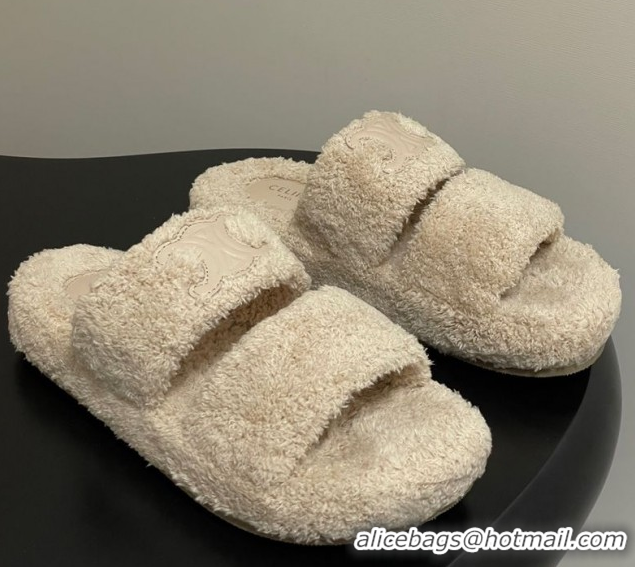 Luxurious Celine Triomphe Flat Slides Sandal in Sponge Fabric Beige 2025 CE082618