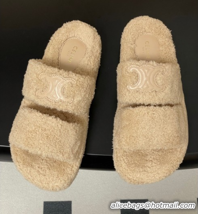 Luxurious Celine Triomphe Flat Slides Sandal in Sponge Fabric Beige 2025 CE082618