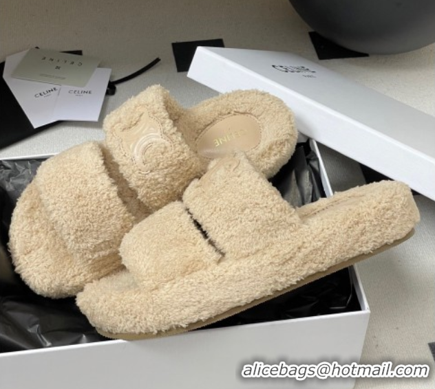 Luxurious Celine Triomphe Flat Slides Sandal in Sponge Fabric Beige 2025 CE082618