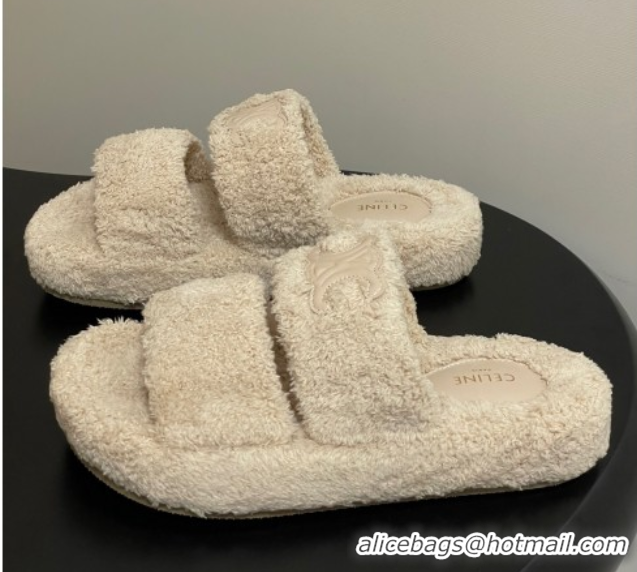 Luxurious Celine Triomphe Flat Slides Sandal in Sponge Fabric Beige 2025 CE082618