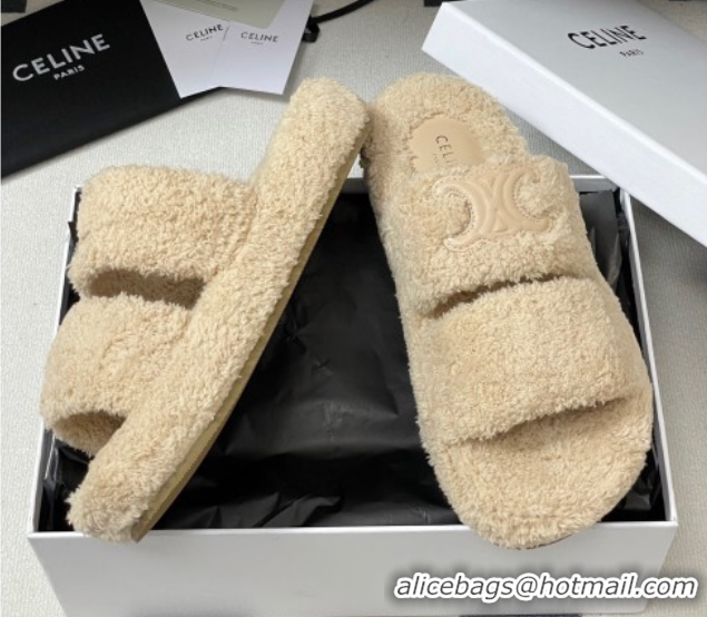 Luxurious Celine Triomphe Flat Slides Sandal in Sponge Fabric Beige 2025 CE082618