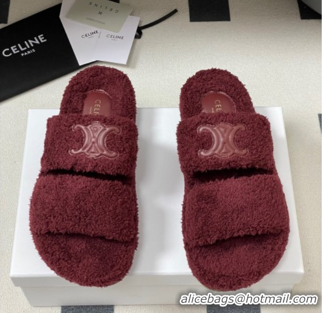 Perfect Celine Triomphe Flat Slides Sandal in Sponge Fabric Burgundy 2025 CE082618