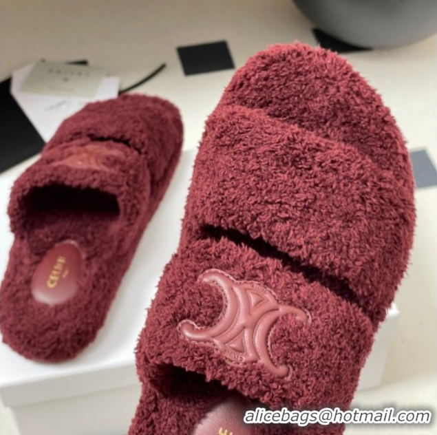 Perfect Celine Triomphe Flat Slides Sandal in Sponge Fabric Burgundy 2025 CE082618
