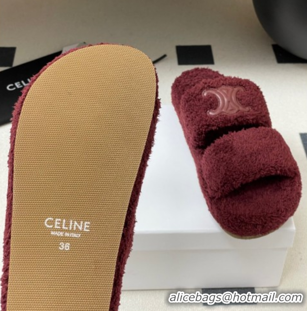 Perfect Celine Triomphe Flat Slides Sandal in Sponge Fabric Burgundy 2025 CE082618