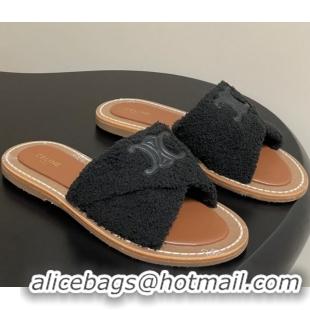 Comfortable Celine Lympia Twisted Flat Slides Sandal in Sponge Fabric Black 2025 CE082619