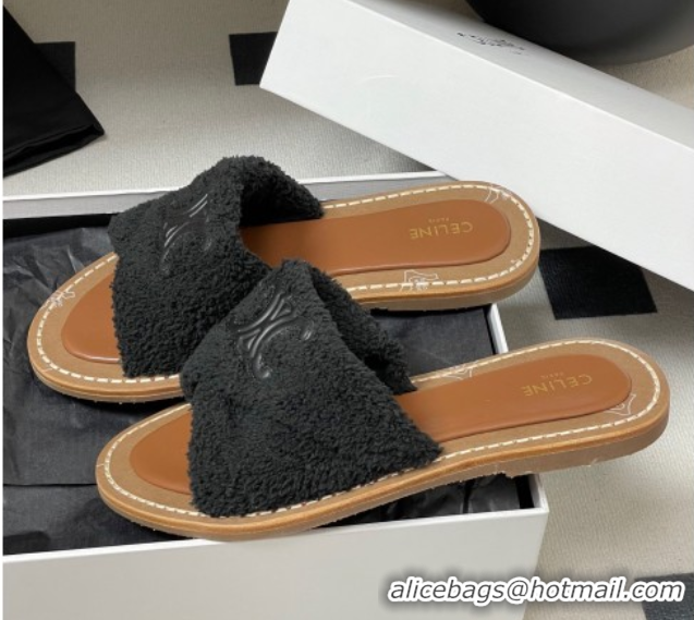 Comfortable Celine Lympia Twisted Flat Slides Sandal in Sponge Fabric Black 2025 CE082619