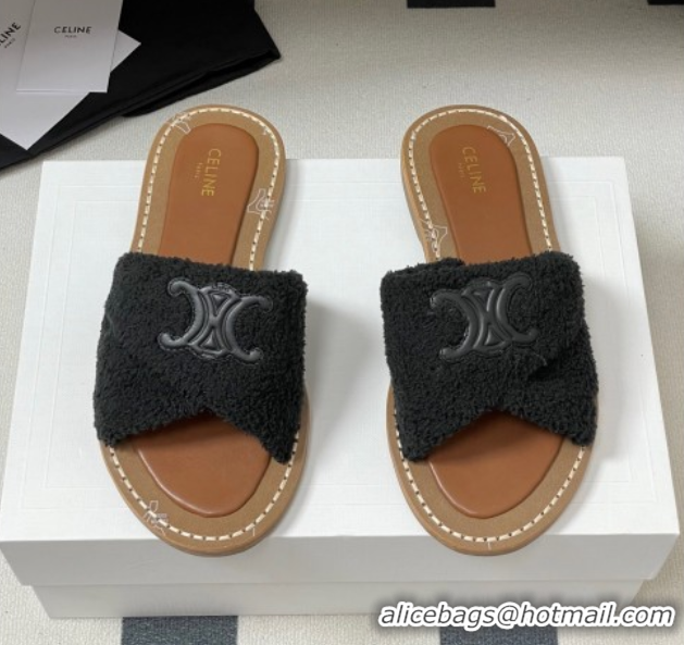 Comfortable Celine Lympia Twisted Flat Slides Sandal in Sponge Fabric Black 2025 CE082619