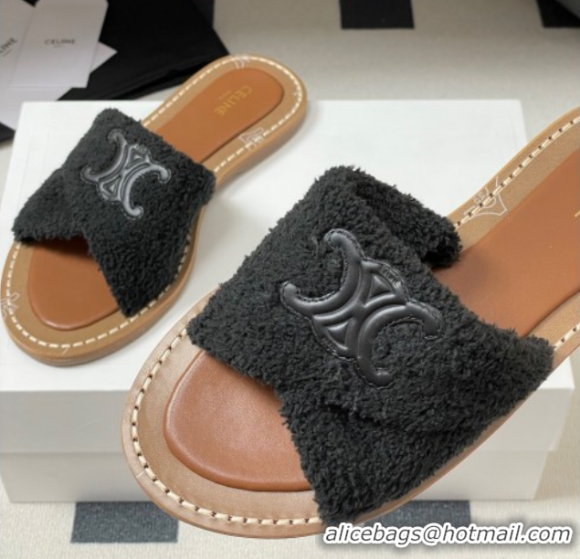 Comfortable Celine Lympia Twisted Flat Slides Sandal in Sponge Fabric Black 2025 CE082619