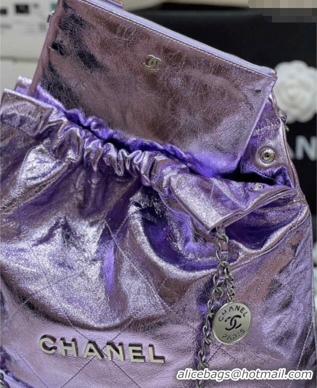 Best Price Chanel 22 Bag in Metallic Calfskin AS3261 Purple 2025 Top Quality