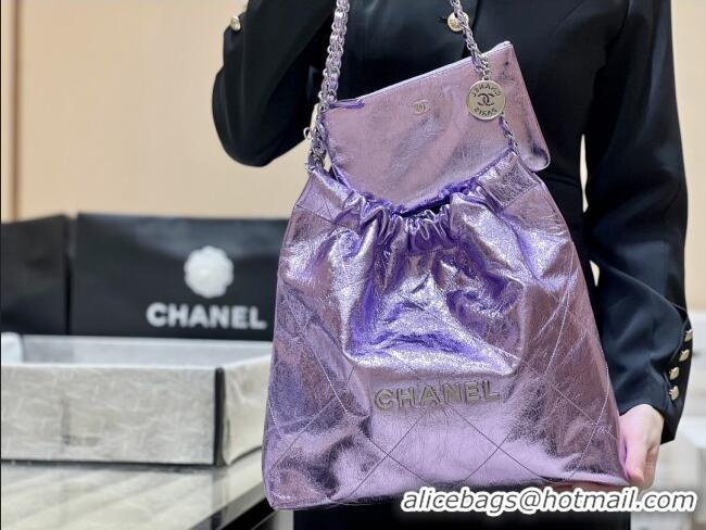 Best Price Chanel 22 Bag in Metallic Calfskin AS3261 Purple 2025 Top Quality
