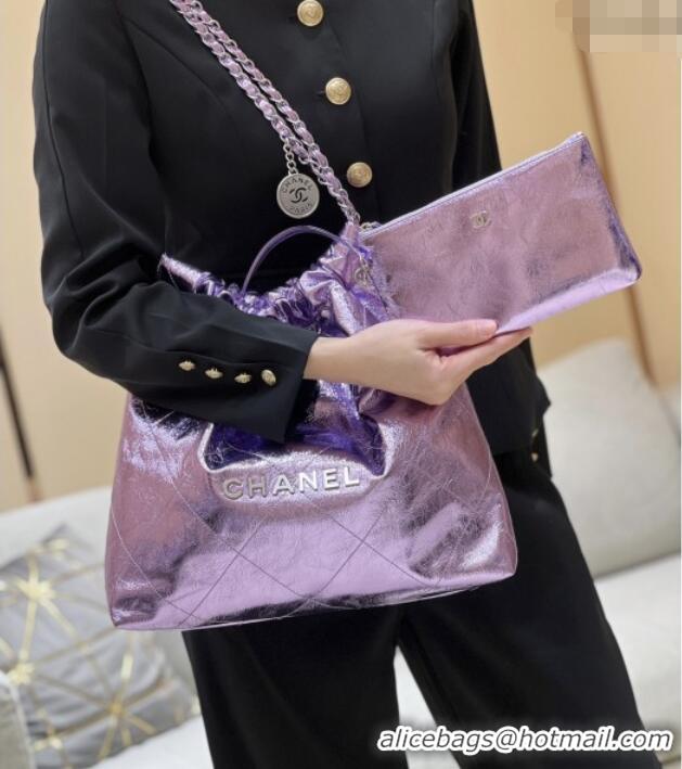 Best Price Chanel 22 Bag in Metallic Calfskin AS3261 Purple 2025 Top Quality