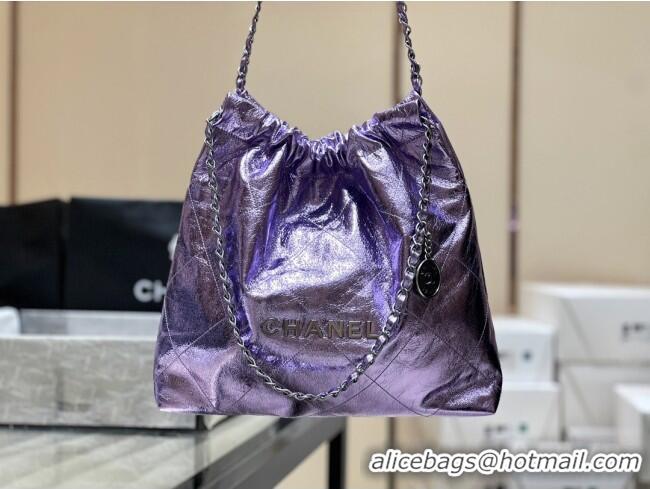Best Price Chanel 22 Bag in Metallic Calfskin AS3261 Purple 2025 Top Quality