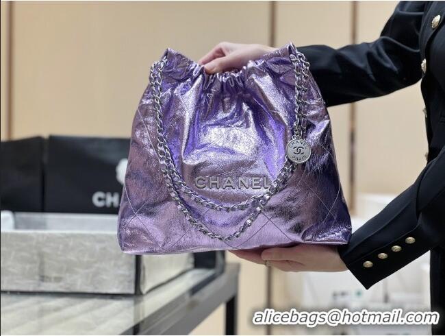 Best Price Chanel 22 Bag in Metallic Calfskin AS3261 Purple 2025 Top Quality