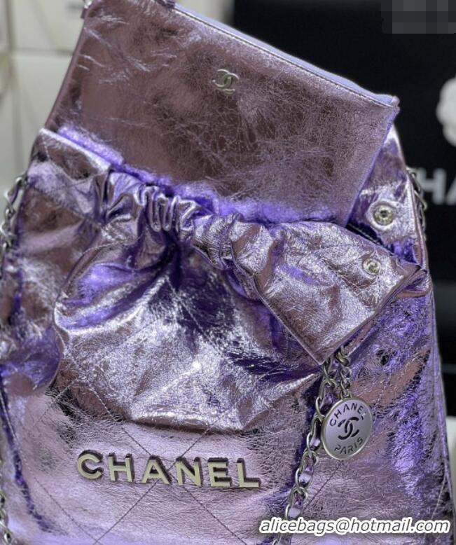 Pretty Style Chanel 22 Small Bag in Metallic Calfskin AS3260 Purple 2025 Top Quality