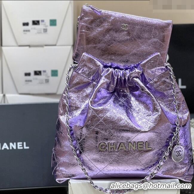 Pretty Style Chanel 22 Small Bag in Metallic Calfskin AS3260 Purple 2025 Top Quality