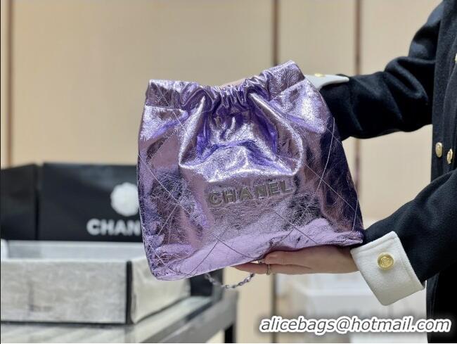 Pretty Style Chanel 22 Small Bag in Metallic Calfskin AS3260 Purple 2025 Top Quality