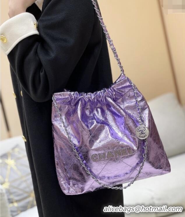Pretty Style Chanel 22 Small Bag in Metallic Calfskin AS3260 Purple 2025 Top Quality