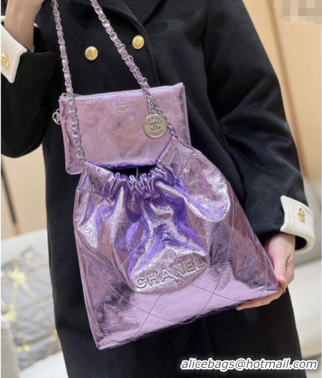 Pretty Style Chanel 22 Small Bag in Metallic Calfskin AS3260 Purple 2025 Top Quality