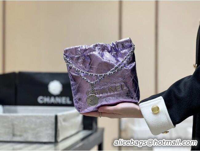 New Fashion Chanel 22 Mini Bag in Metallic Calfskin AS3980 Purple 2025 Top Quality