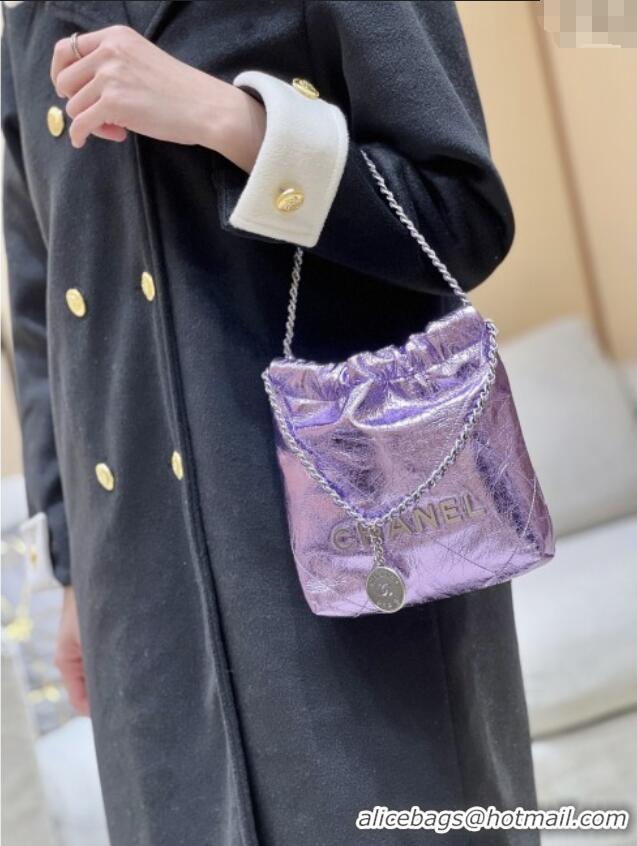 New Fashion Chanel 22 Mini Bag in Metallic Calfskin AS3980 Purple 2025 Top Quality