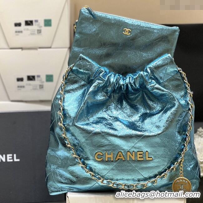 Shop Discount Chanel 22 Small Bag in Metallic Calfskin AS3260 Blue 2025 Top Quality