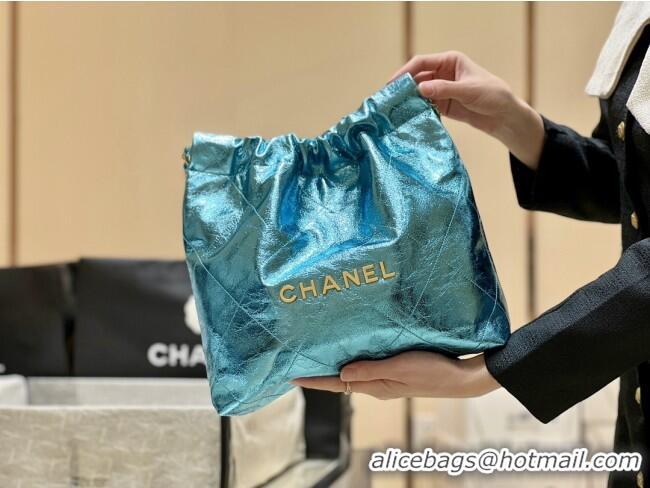 Shop Discount Chanel 22 Small Bag in Metallic Calfskin AS3260 Blue 2025 Top Quality