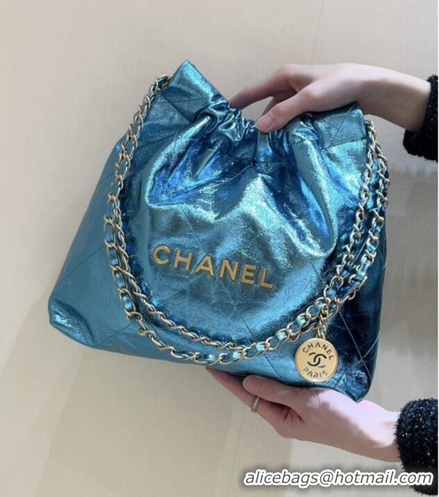 Shop Discount Chanel 22 Small Bag in Metallic Calfskin AS3260 Blue 2025 Top Quality