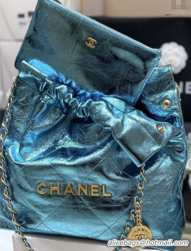 Shop Discount Chanel 22 Small Bag in Metallic Calfskin AS3260 Blue 2025 Top Quality