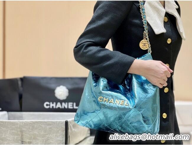 Shop Discount Chanel 22 Small Bag in Metallic Calfskin AS3260 Blue 2025 Top Quality