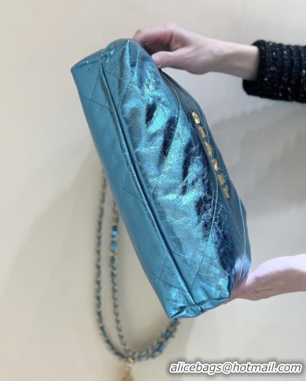 Shop Discount Chanel 22 Small Bag in Metallic Calfskin AS3260 Blue 2025 Top Quality