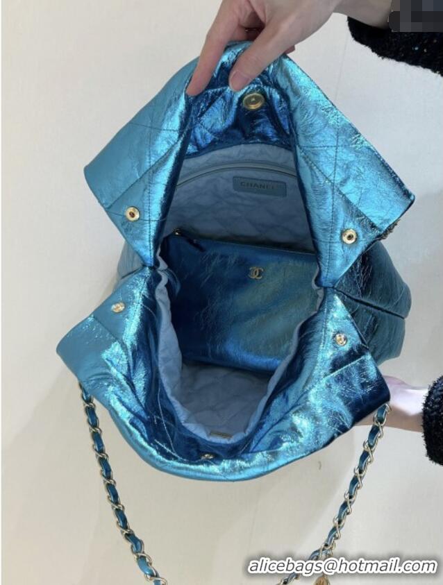 Shop Discount Chanel 22 Small Bag in Metallic Calfskin AS3260 Blue 2025 Top Quality