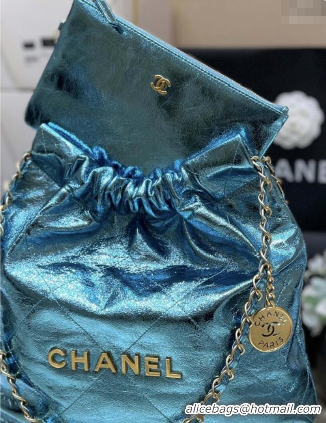Shop Discount Chanel 22 Small Bag in Metallic Calfskin AS3260 Blue 2025 Top Quality
