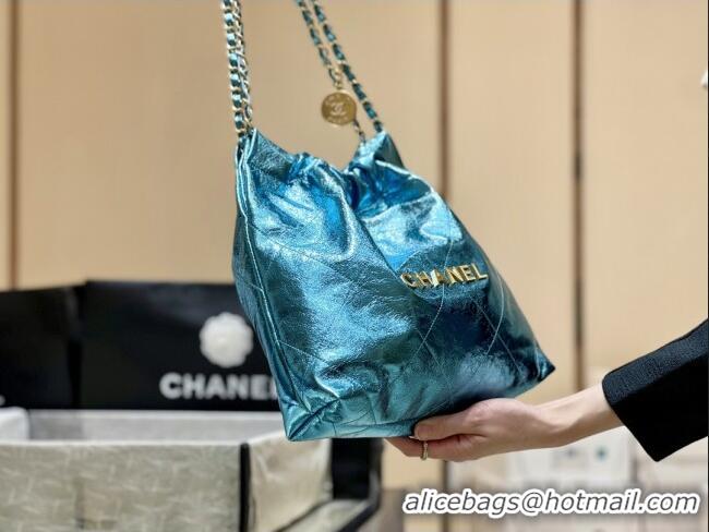 Shop Discount Chanel 22 Small Bag in Metallic Calfskin AS3260 Blue 2025 Top Quality