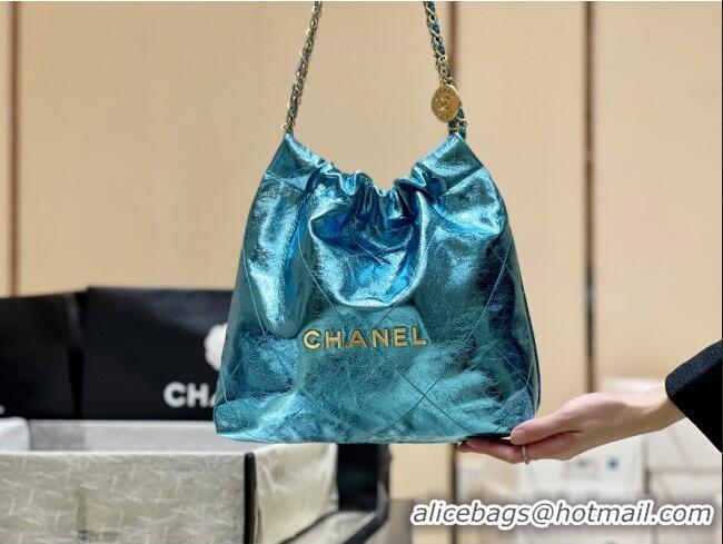 Shop Discount Chanel 22 Small Bag in Metallic Calfskin AS3260 Blue 2025 Top Quality