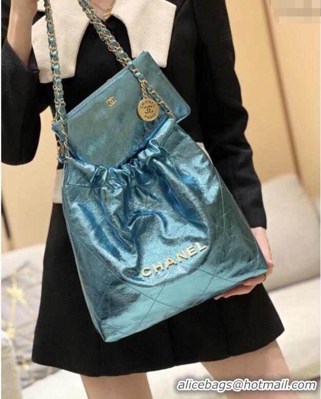 Shop Discount Chanel 22 Small Bag in Metallic Calfskin AS3260 Blue 2025 Top Quality