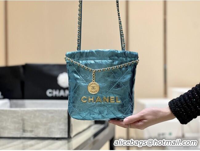 Best Price Chanel 22 Mini Bag in Metallic Calfskin AS3980 Blue 2025 Top Quality