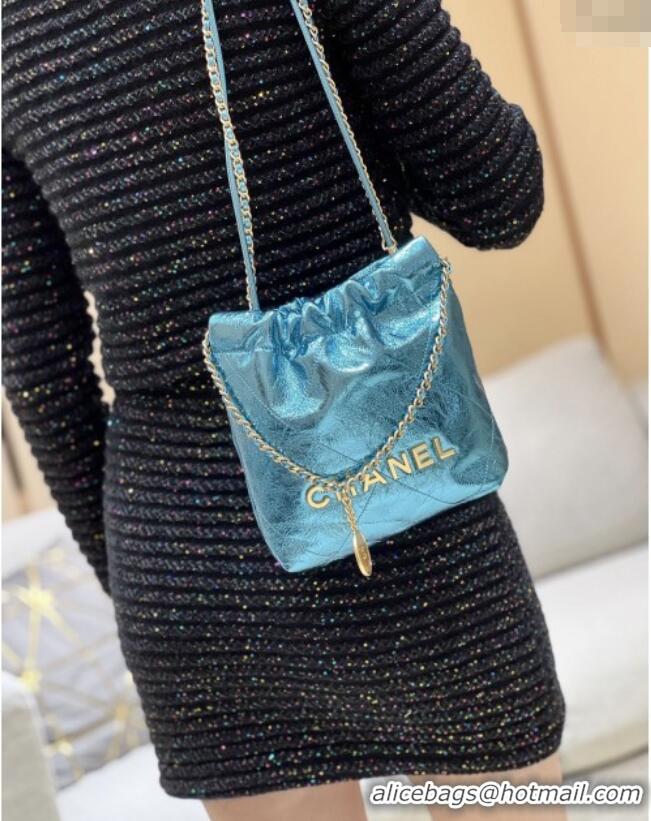 Best Price Chanel 22 Mini Bag in Metallic Calfskin AS3980 Blue 2025 Top Quality