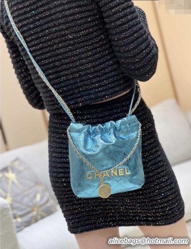Best Price Chanel 22 Mini Bag in Metallic Calfskin AS3980 Blue 2025 Top Quality