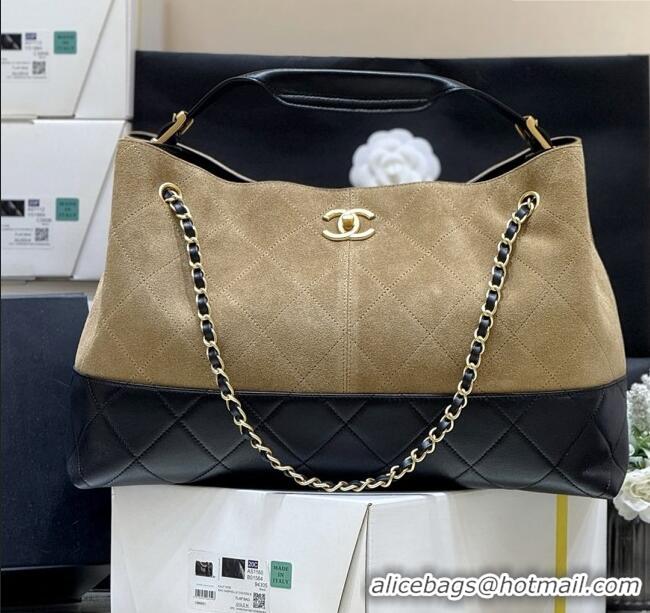 Best Price Chanel Suede Calfskin & Shiny Lambskin Shopping Bag AS5657 Beige/Black 2025 Top Quality