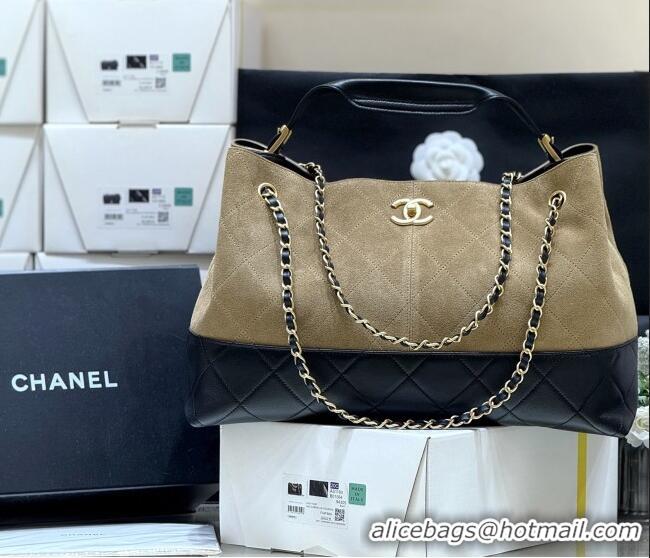 Best Price Chanel Suede Calfskin & Shiny Lambskin Shopping Bag AS5657 Beige/Black 2025 Top Quality