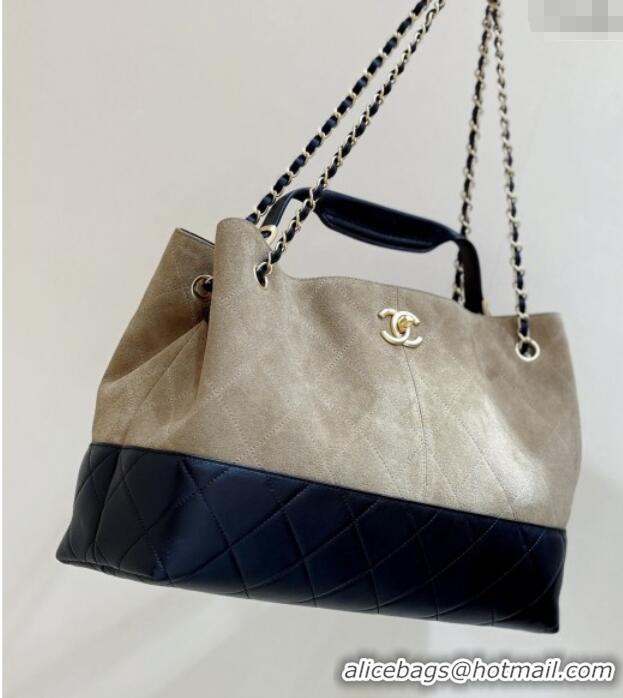 Best Price Chanel Suede Calfskin & Shiny Lambskin Shopping Bag AS5657 Beige/Black 2025 Top Quality