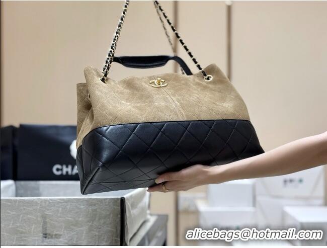 Best Price Chanel Suede Calfskin & Shiny Lambskin Shopping Bag AS5657 Beige/Black 2025 Top Quality