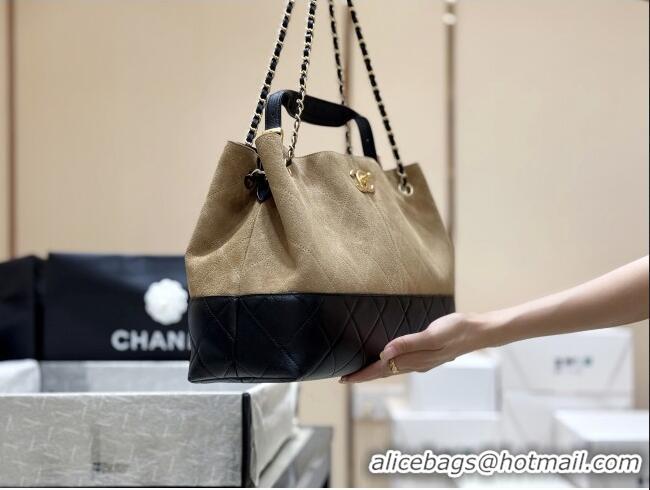 Best Price Chanel Suede Calfskin & Shiny Lambskin Shopping Bag AS5657 Beige/Black 2025 Top Quality