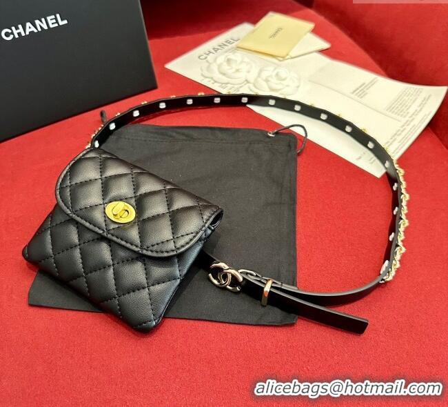 Luxury Cheap Chanel Quilted Lambskin Leather Pouch Belt 1.5cm with Chain CH091304 Black 2025