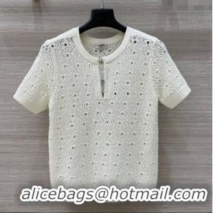 ​New Cheap Chanel Knit Wool T-Shirt with Strass CC CH061201 White 2025