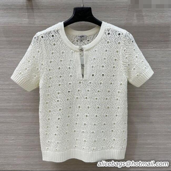 ​New Cheap Chanel Knit Wool T-Shirt with Strass CC CH061201 White 2025