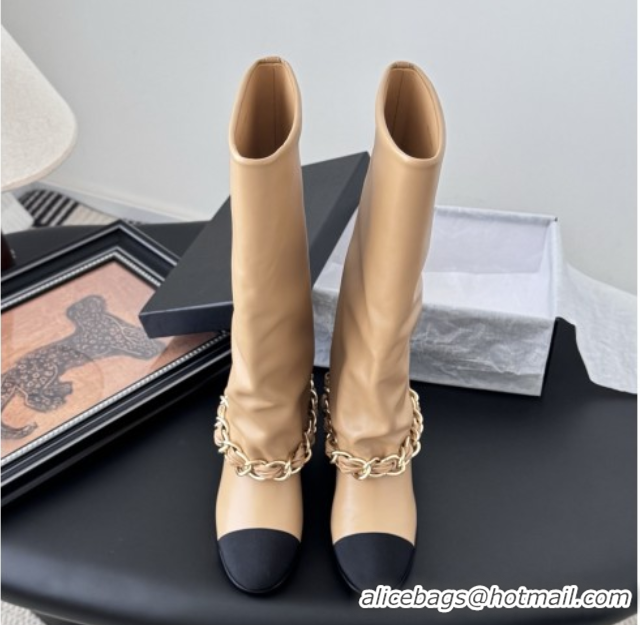 Sumptuous Chanel High Boots in Lambskin & Grosgrain 5cm Heel G46677 Beige
