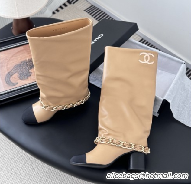Sumptuous Chanel High Boots in Lambskin & Grosgrain 5cm Heel G46677 Beige