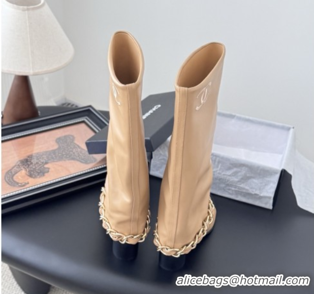 Sumptuous Chanel High Boots in Lambskin & Grosgrain 5cm Heel G46677 Beige